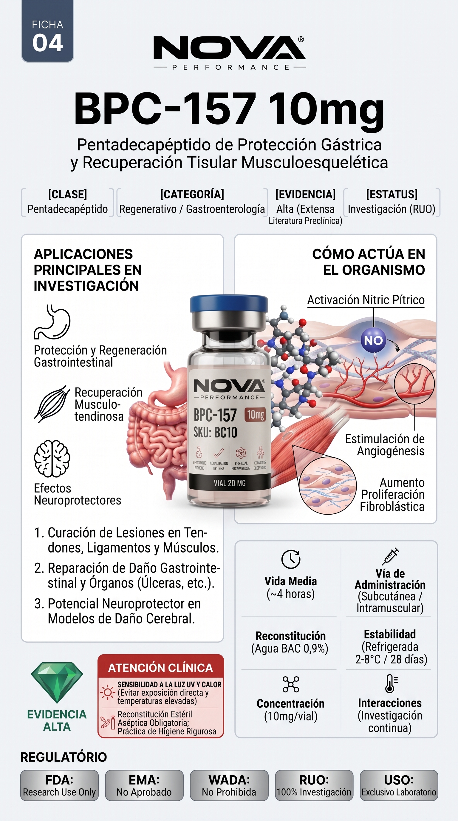 Ficha Técnica BPC-157 10mg — Péptido de Protección y Recuperación Tisular